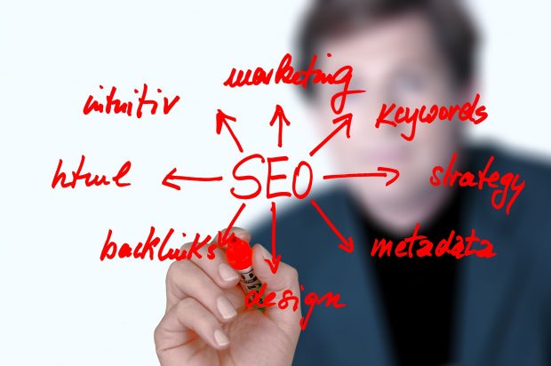 The word SEO with arrows branching out of it. The arrows point to other words including marketing, keywords, strategy, metadata, design, backlinks, HTML, and intuitiv