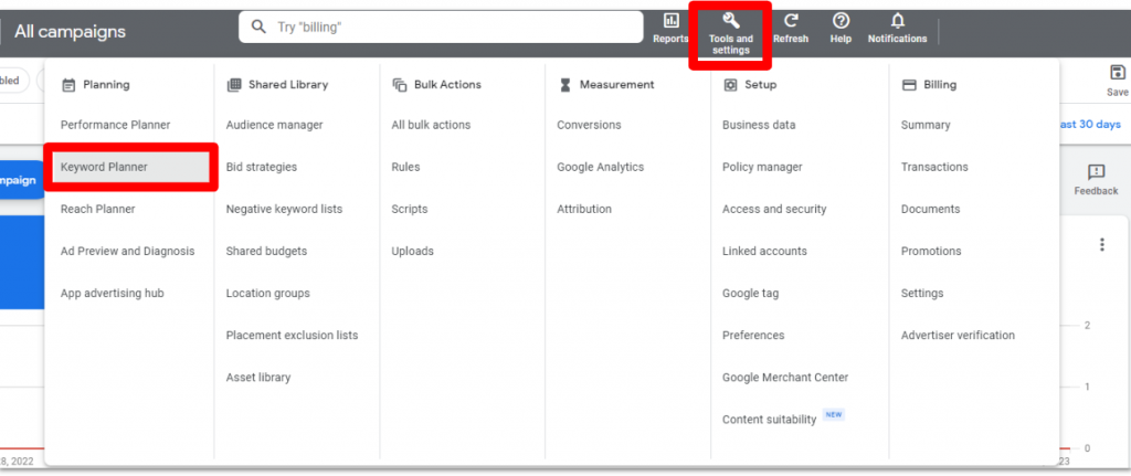 Google Ads Settings Keyword Planner